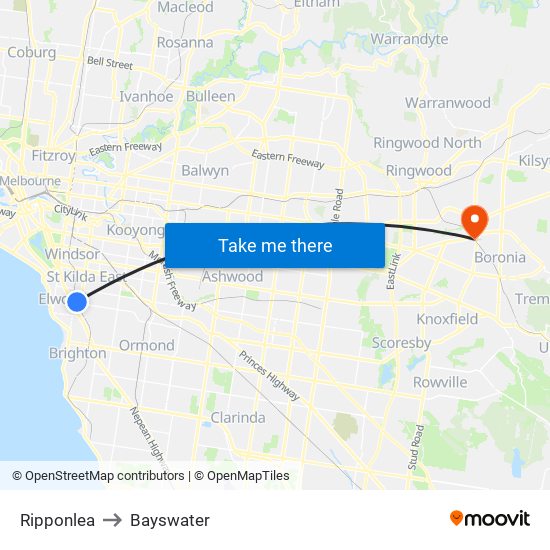 Ripponlea to Bayswater map