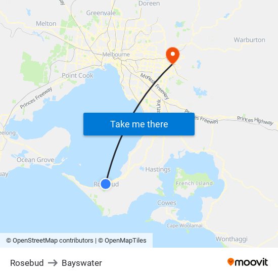 Rosebud to Bayswater map