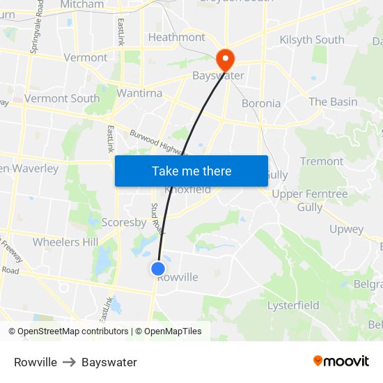 Rowville to Bayswater map