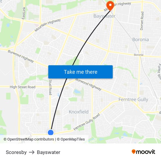 Scoresby to Bayswater map
