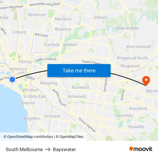 South Melbourne to Bayswater map