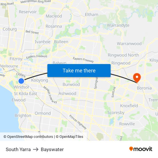 South Yarra to Bayswater map
