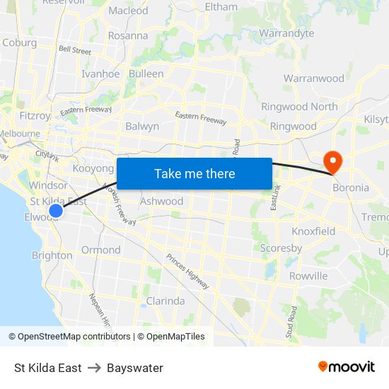 St Kilda East to Bayswater map