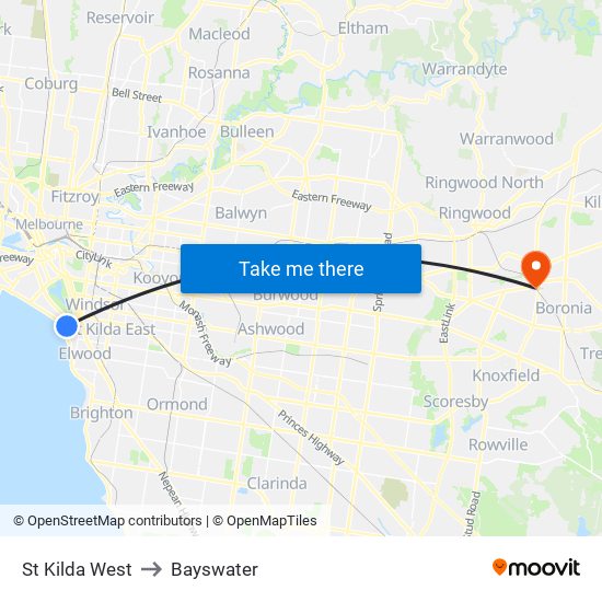 St Kilda West to Bayswater map