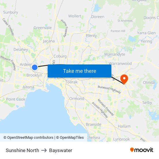 Sunshine North to Bayswater map