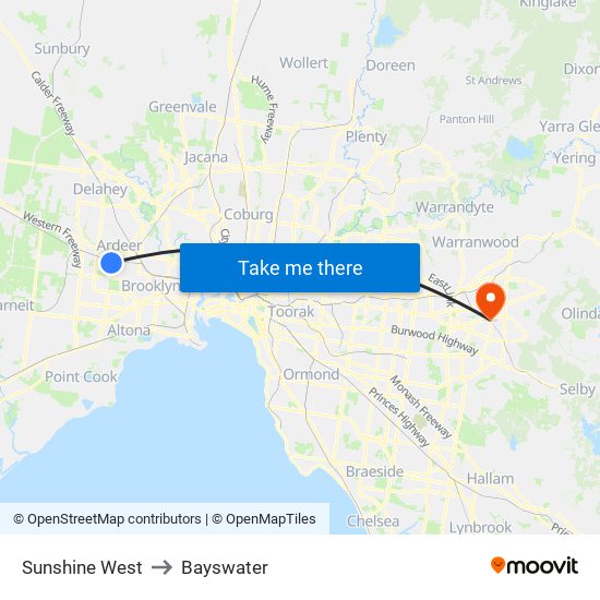 Sunshine West to Bayswater map