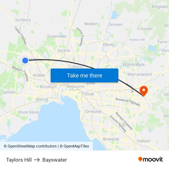 Taylors Hill to Bayswater map