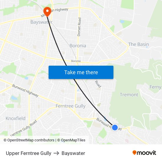 Upper Ferntree Gully to Bayswater map