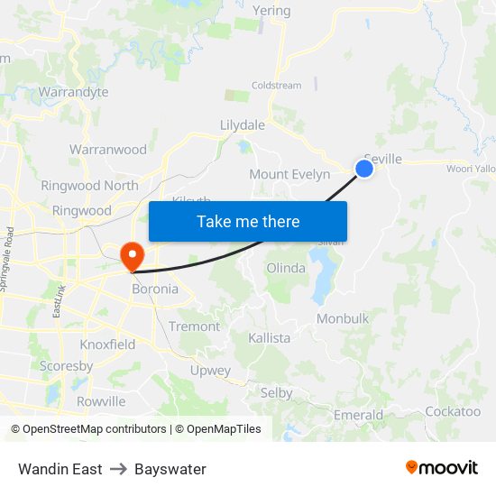 Wandin East to Bayswater map