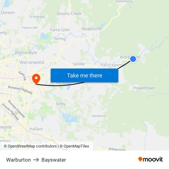 Warburton to Bayswater map