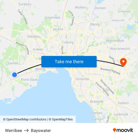 Werribee to Bayswater map