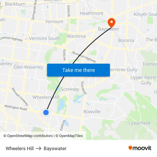 Wheelers Hill to Bayswater map