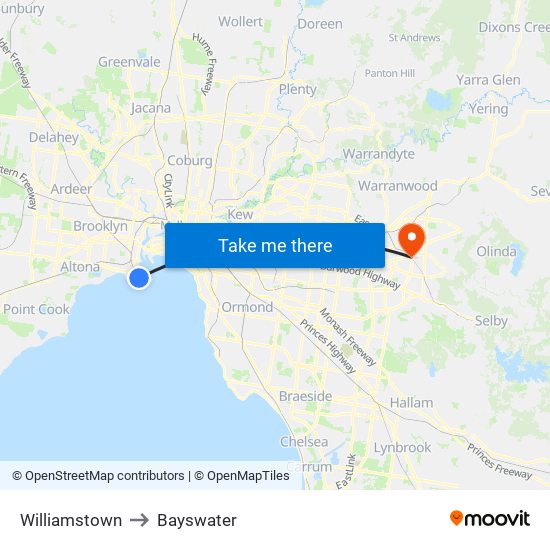 Williamstown to Bayswater map