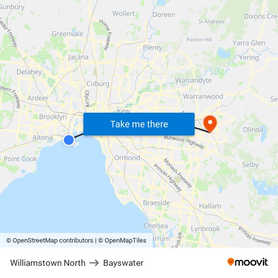 Williamstown North to Bayswater map