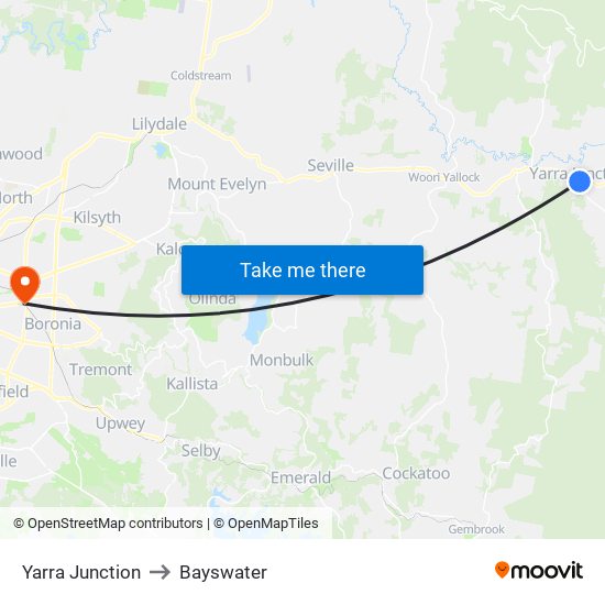 Yarra Junction to Bayswater map