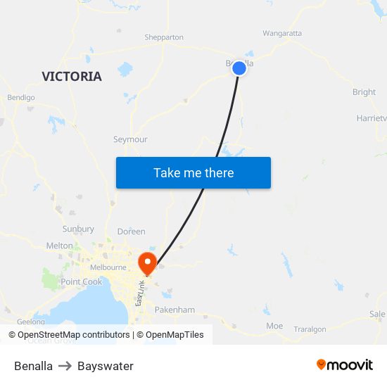 Benalla to Bayswater map