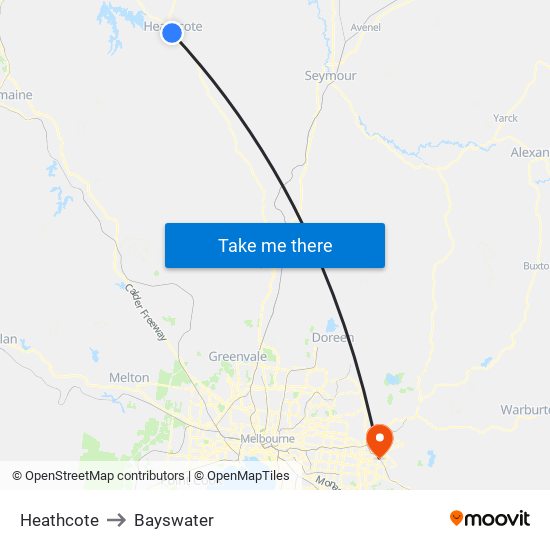 Heathcote to Bayswater map