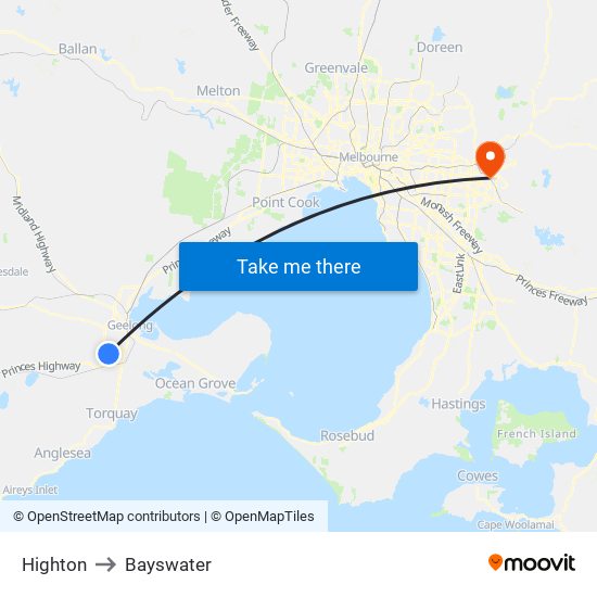 Highton to Bayswater map