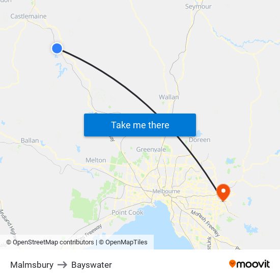 Malmsbury to Bayswater map