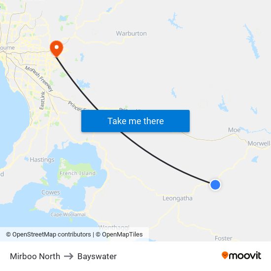 Mirboo North to Bayswater map