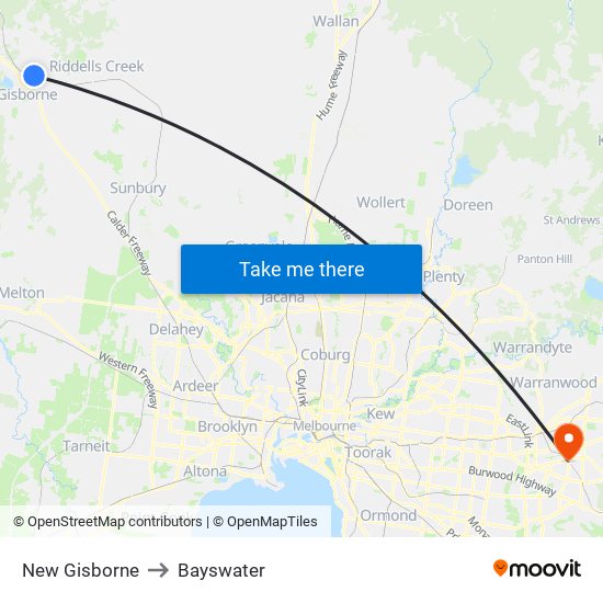 New Gisborne to Bayswater map