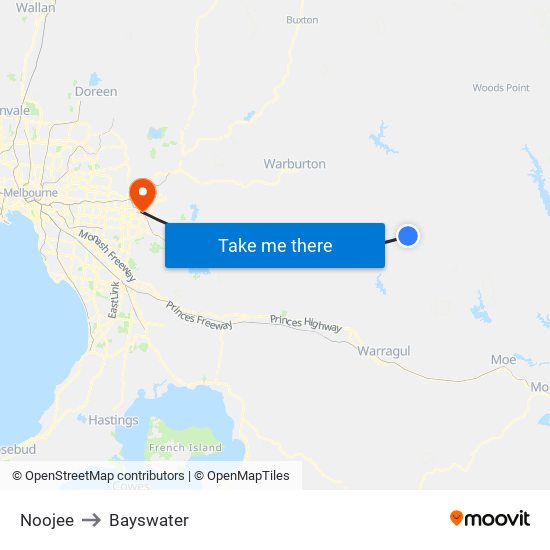 Noojee to Bayswater map