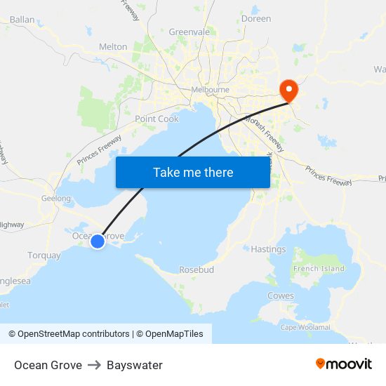 Ocean Grove to Bayswater map