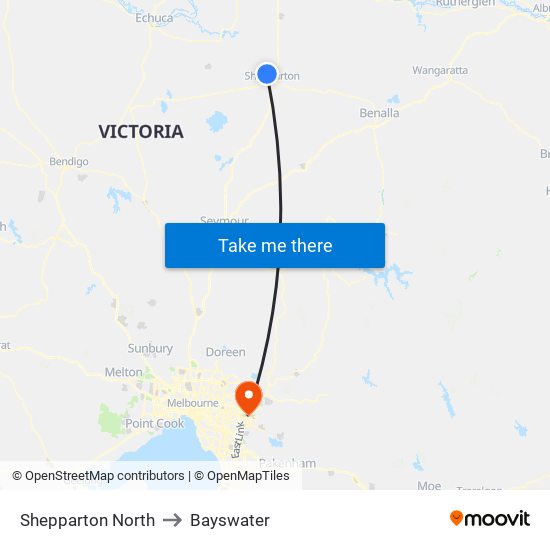 Shepparton North to Bayswater map