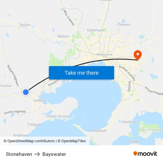 Stonehaven to Bayswater map