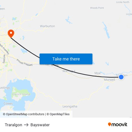 Traralgon to Bayswater map