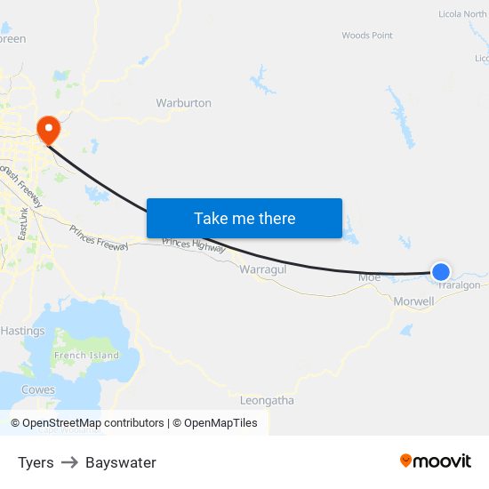 Tyers to Bayswater map