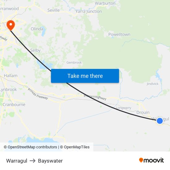 Warragul to Bayswater map