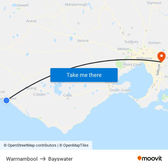 Warrnambool to Bayswater map