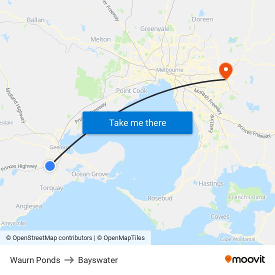 Waurn Ponds to Bayswater map
