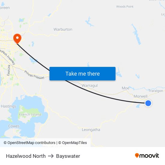 Hazelwood North to Bayswater map