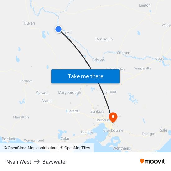 Nyah West to Bayswater map