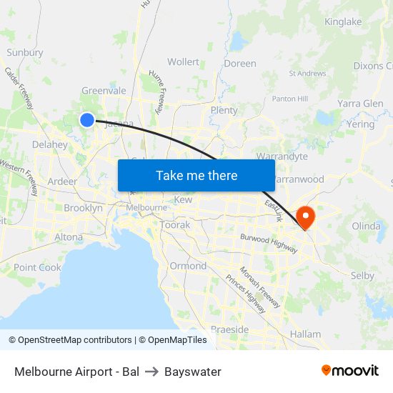 Melbourne Airport - Bal to Bayswater map