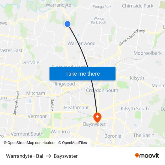 Warrandyte - Bal to Bayswater map