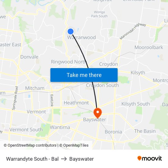 Warrandyte South - Bal to Bayswater map