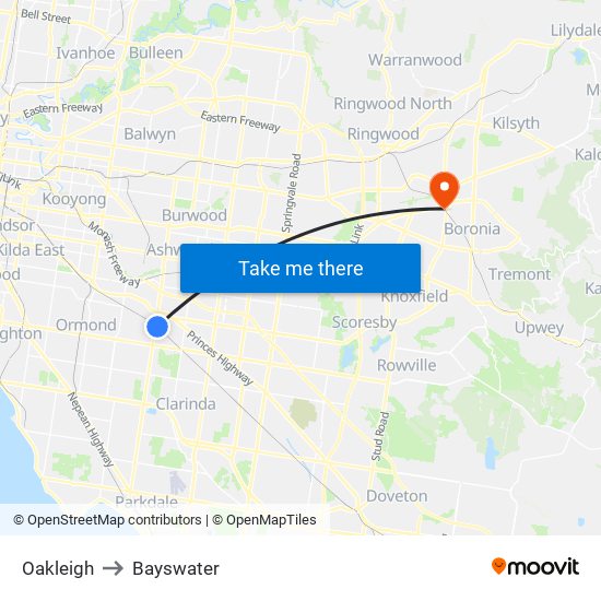 Oakleigh to Bayswater map