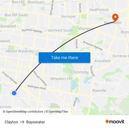 Clayton to Bayswater map