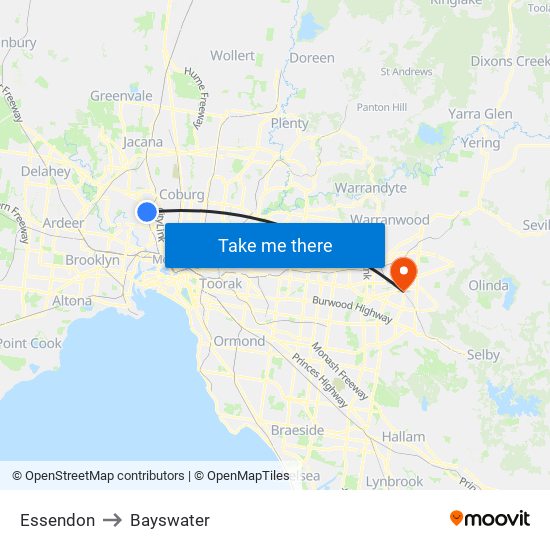 Essendon to Bayswater map