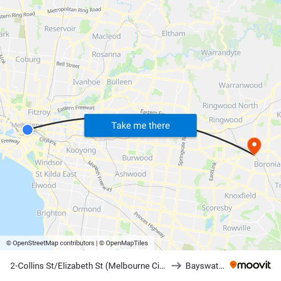 2-Collins St/Elizabeth St (Melbourne City) to Bayswater map