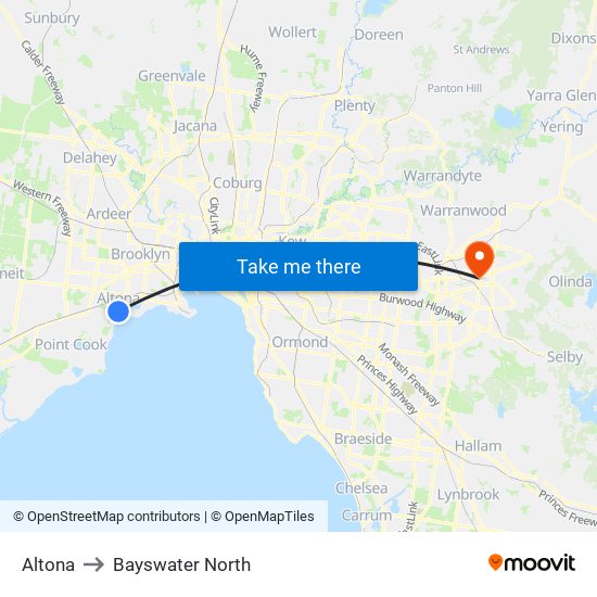 Altona to Bayswater North map