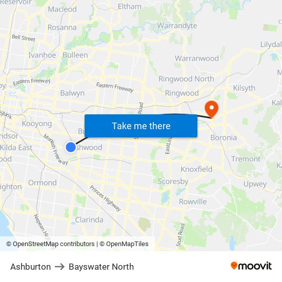 Ashburton to Bayswater North map