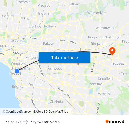 Balaclava to Bayswater North map