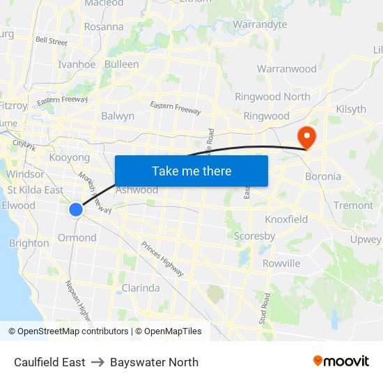 Caulfield East to Bayswater North map