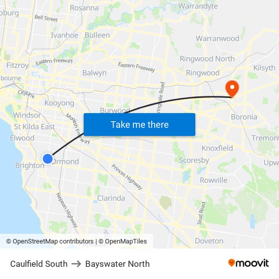 Caulfield South to Bayswater North map