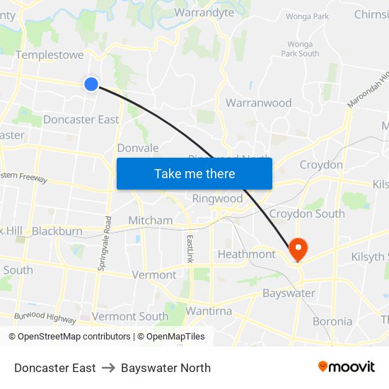 Doncaster East to Bayswater North map