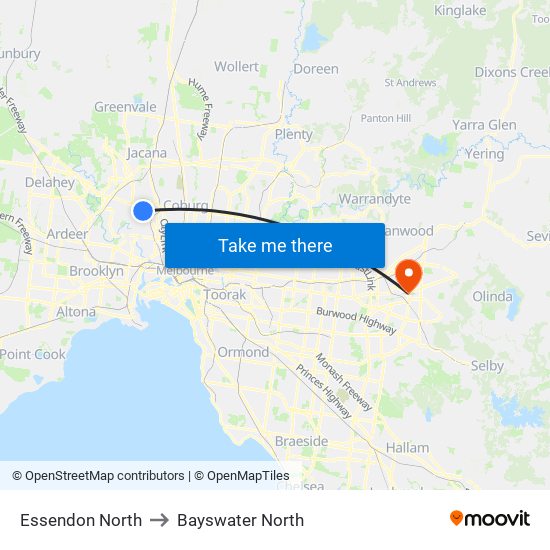Essendon North to Bayswater North map